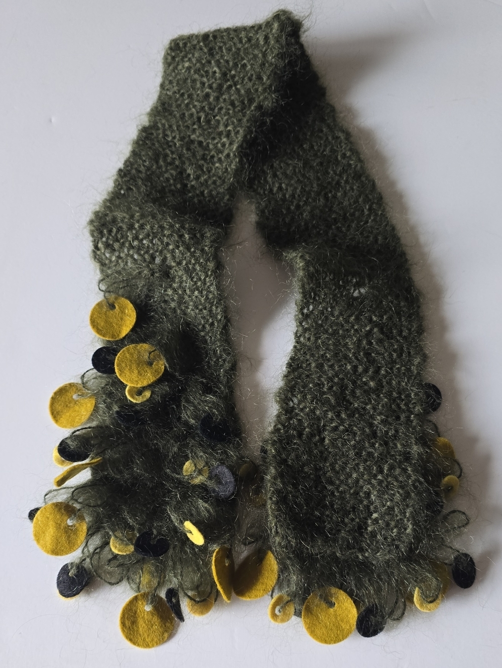 Tait &  Style 100% Wool Olive Green Knit Scarf with Yellow Accent Discs